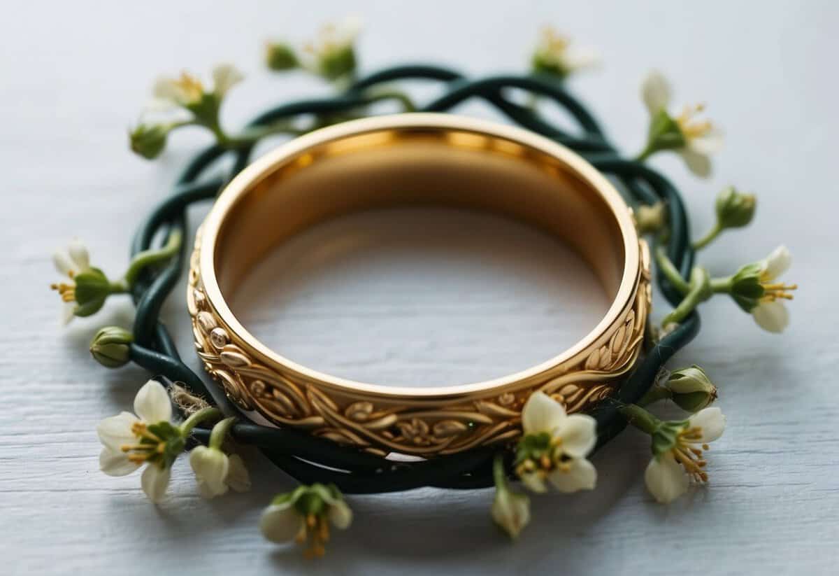 A golden wedding band encircled by a delicate wreath of intertwined vines and flowers, symbolizing the 7th vow of marriage