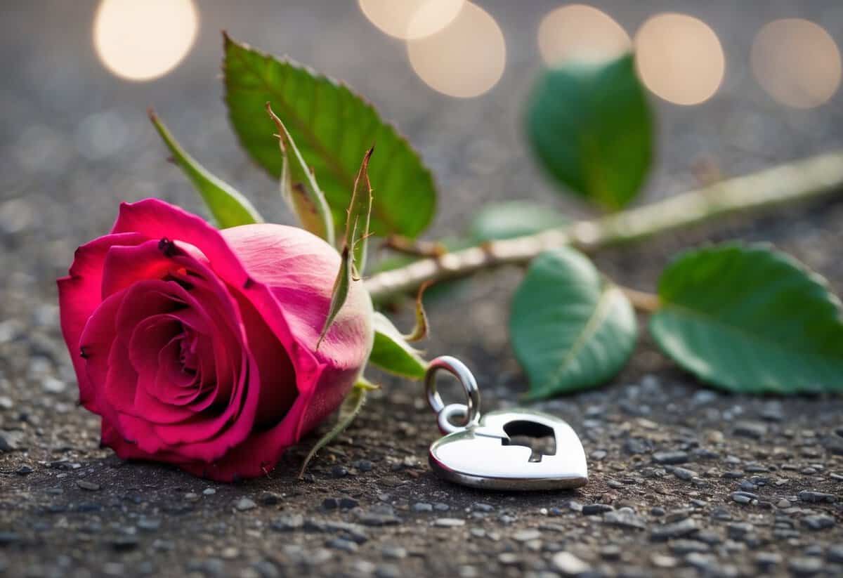 A wilted rose lying on the ground next to a broken heart charm