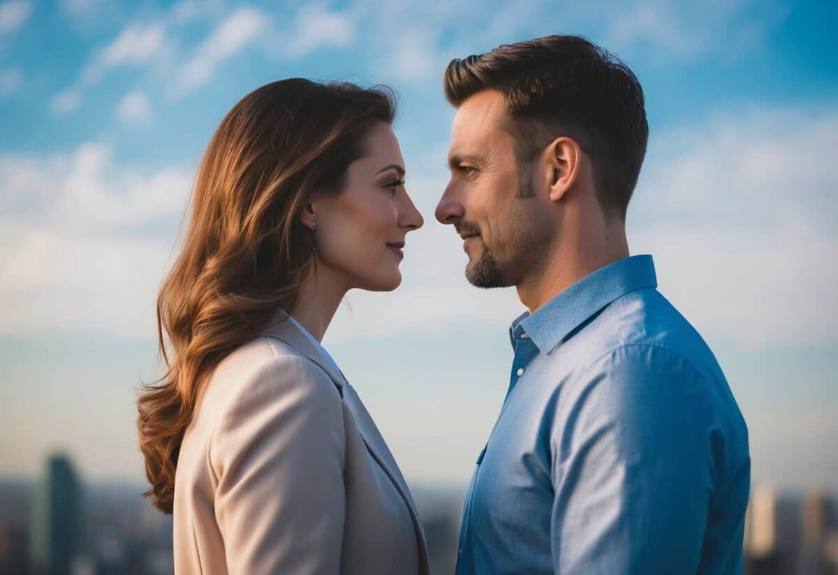A man and a woman standing side by side, facing each other with a sense of unity and commitment