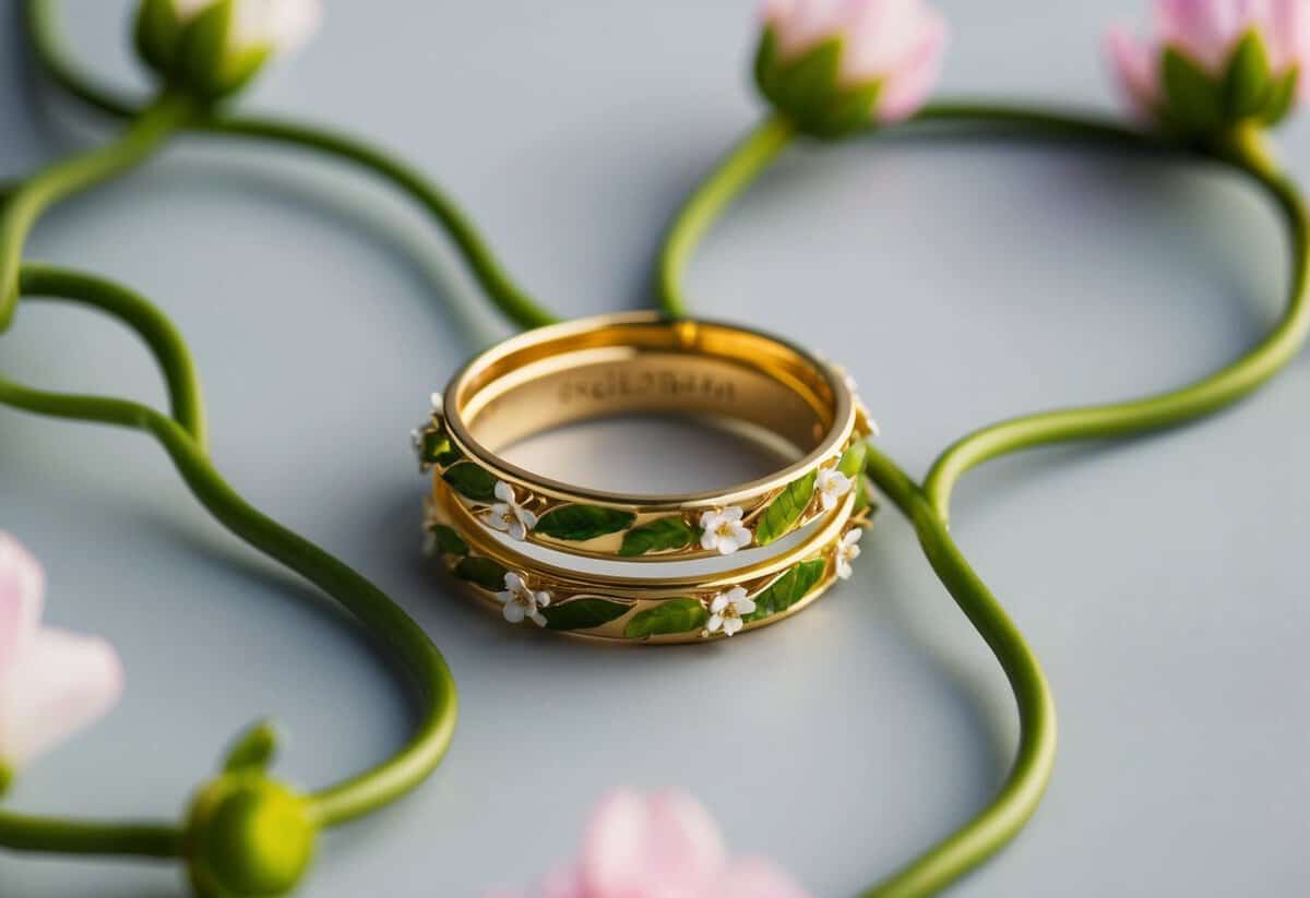 A golden ring encircled by two intertwining vines with blooming flowers