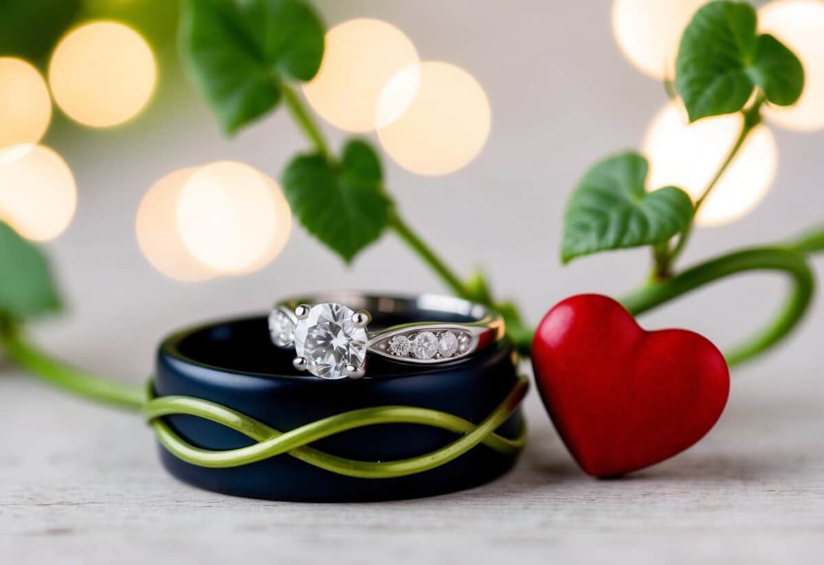 A wedding ring, a heart, and a pair of intertwined vines
