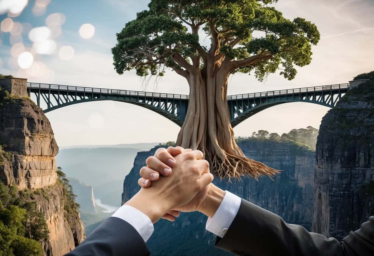 A tree with intertwined roots, a sturdy bridge connecting two cliffs, and a pair of hands clasped together in a firm handshake