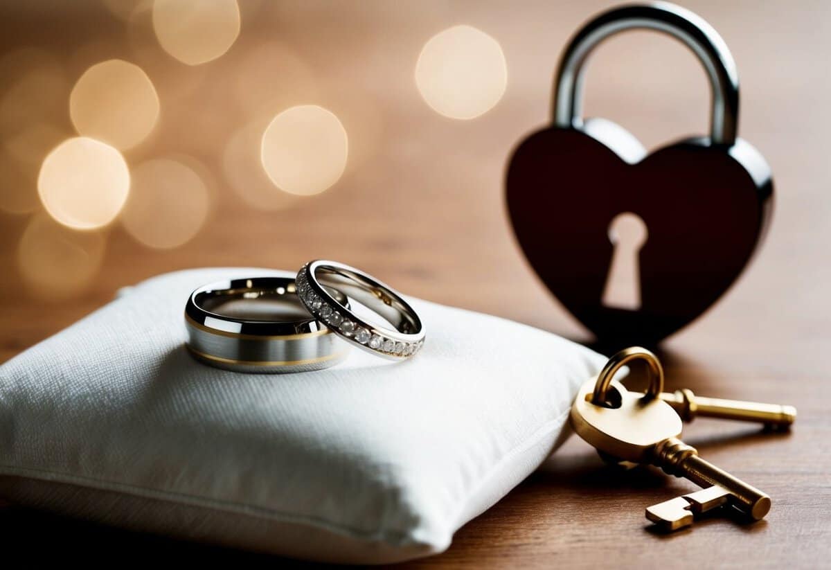 A wedding ring placed on a pillow, a pair of intertwined wedding bands, and a heart-shaped lock with two keys
