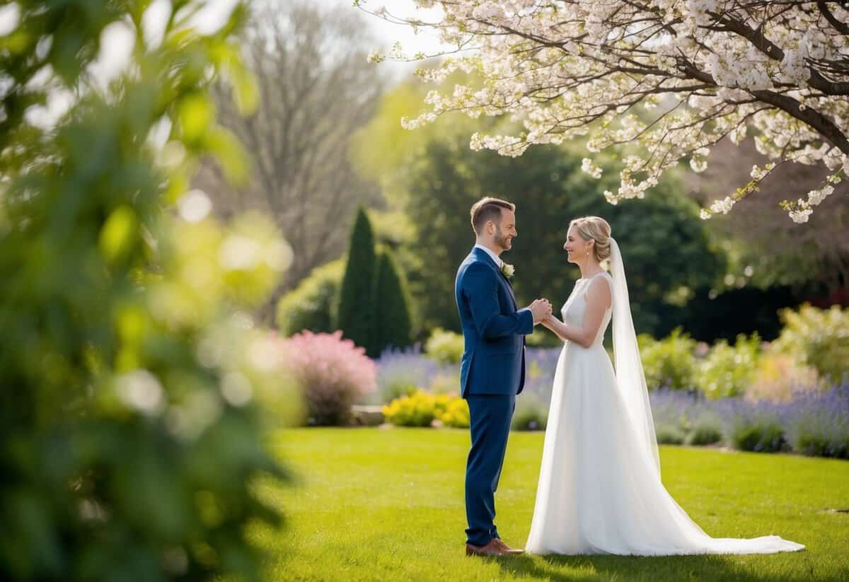 A couple standing in a peaceful garden, exchanging vows under a blooming tree with a sense of serenity and love in the air