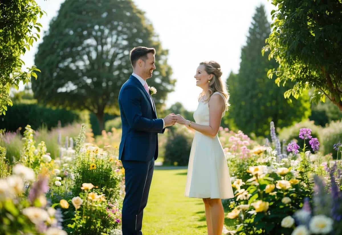 A couple standing in a sunlit garden, surrounded by trees and flowers, exchanging heartfelt promises to each other