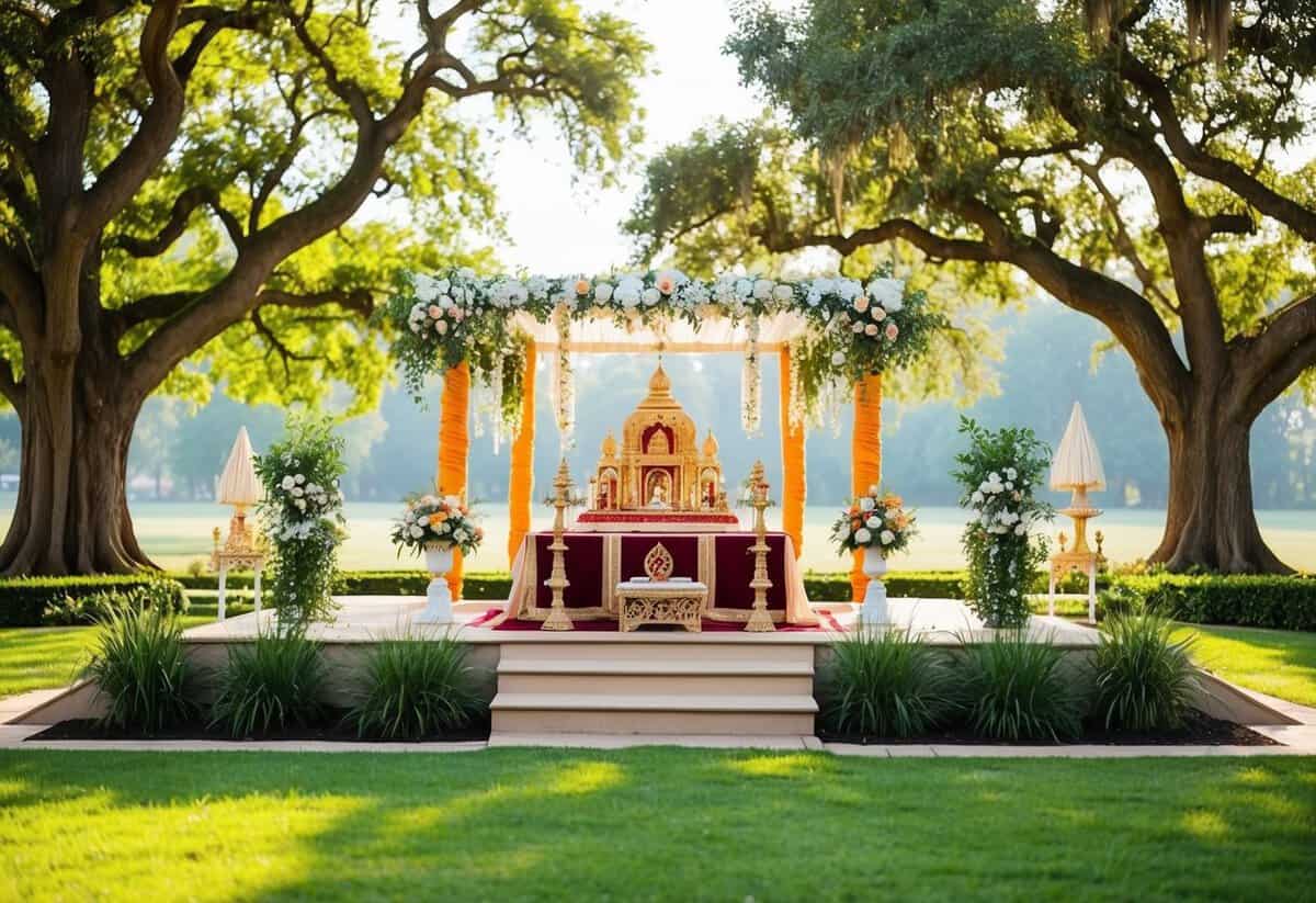 A serene, sunlit garden with a traditional Sikh wedding altar, adorned with flowers and sacred symbols, surrounded by ancient trees