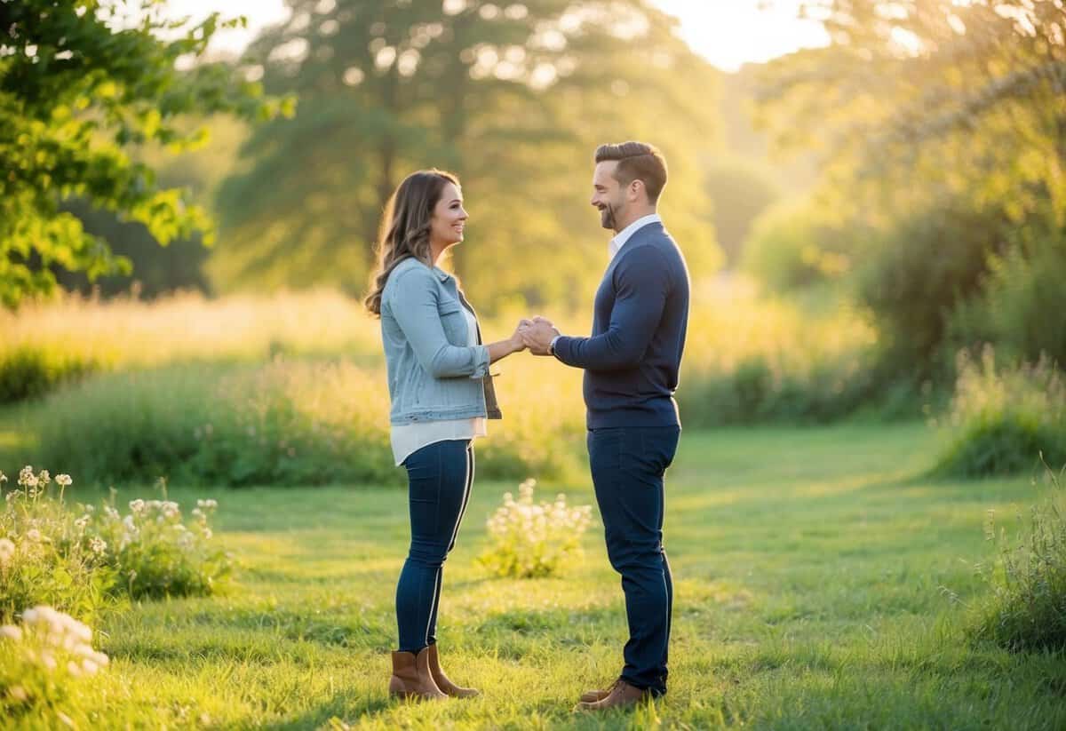 A couple standing in a peaceful outdoor setting, surrounded by nature and soft sunlight, exchanging heartfelt promises to honor and support each other
