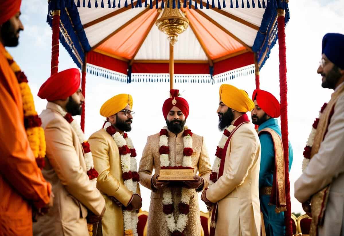A sacred Sikh wedding ceremony with a traditional canopy and holy scripture