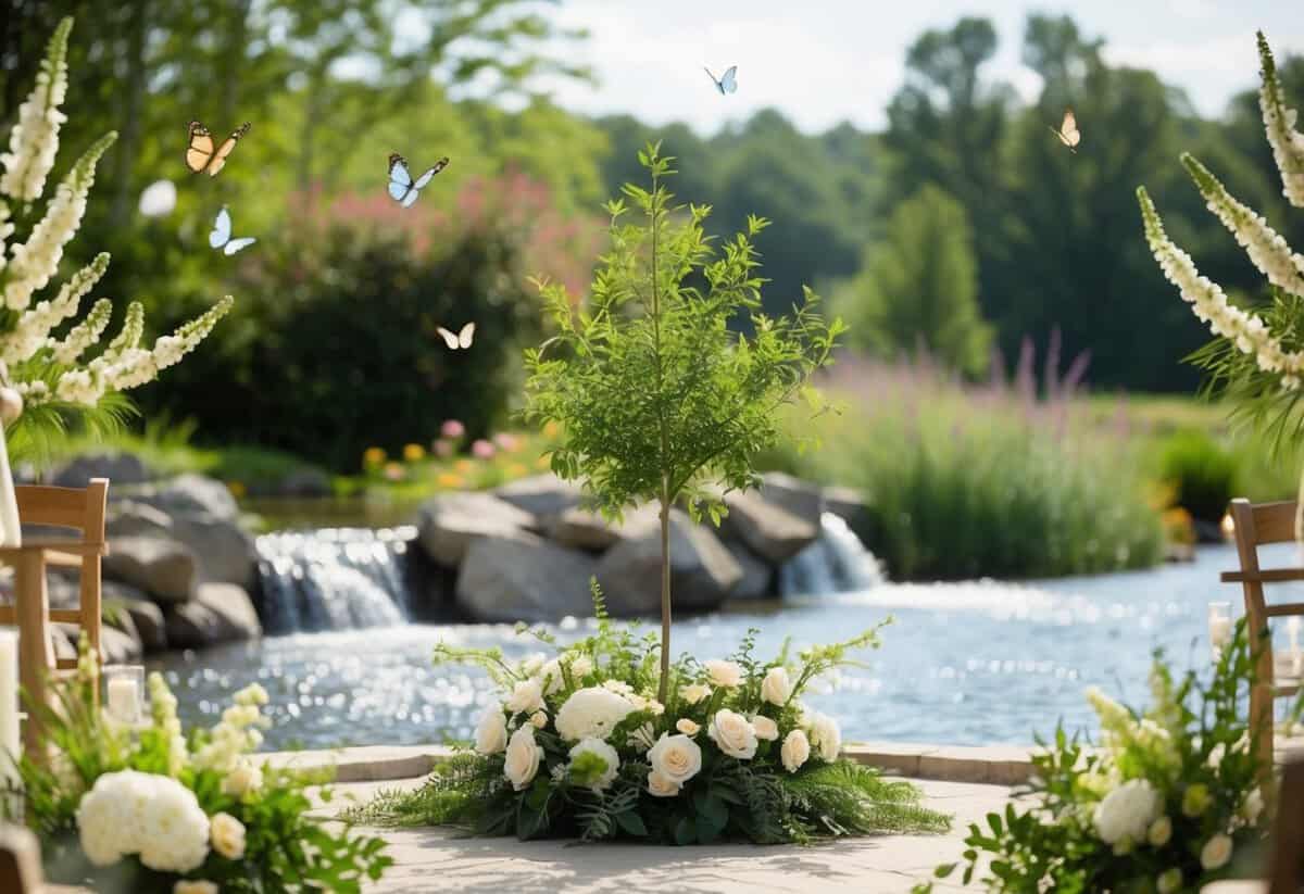 A serene outdoor setting with a symbolic unity ceremony, such as planting a tree or releasing butterflies, surrounded by natural elements like flowers and flowing water
