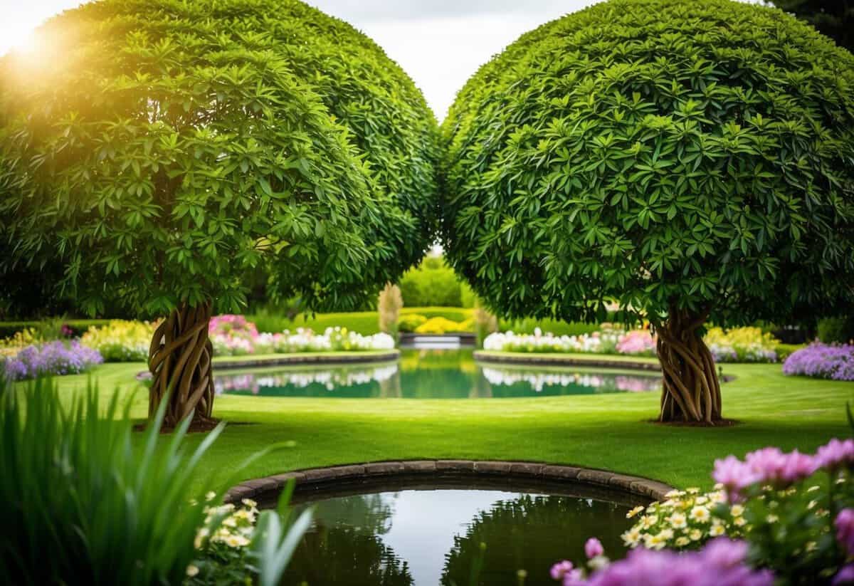 A serene garden with two intertwining trees, symbolizing unity and growth, surrounded by blooming flowers and a tranquil pond