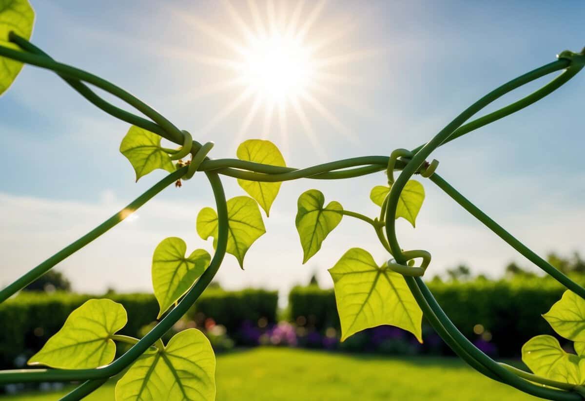 A serene garden with two intertwining vines, symbolizing unity and growth, under a radiant sun and a peaceful sky