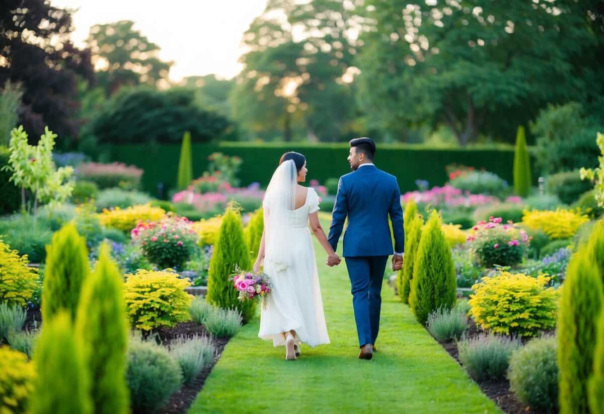 A couple walks around a vibrant garden, symbolizing the joy and unity of life after the Anand Karaj