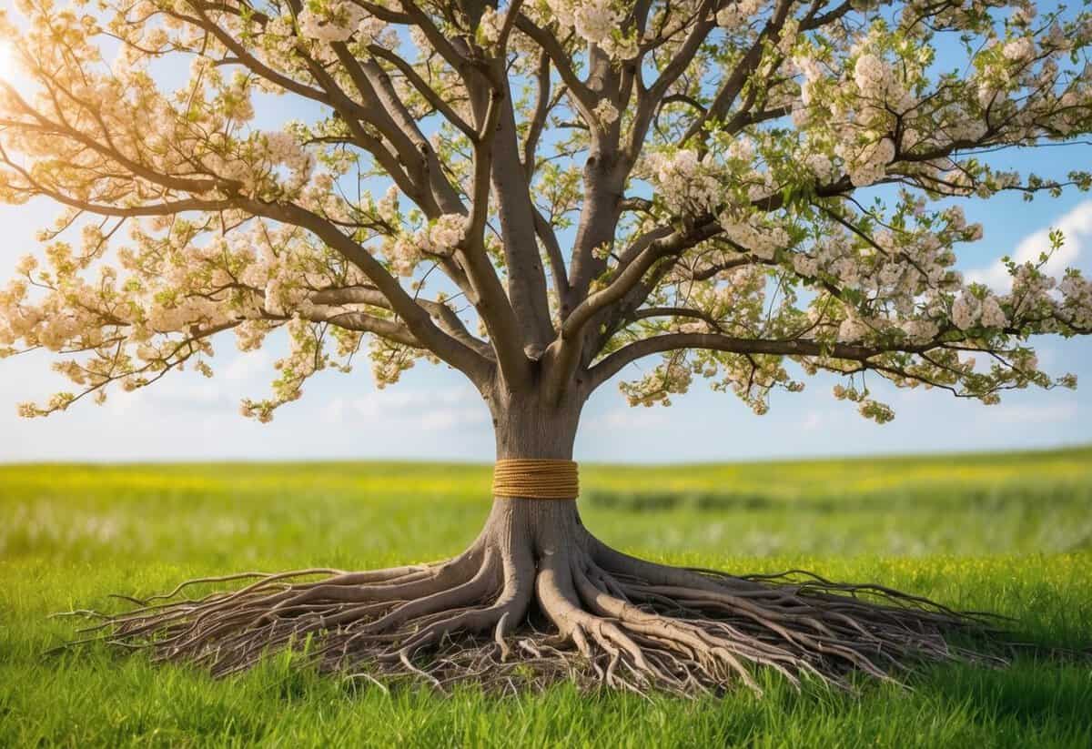 A blooming tree with intertwined roots and branches, symbolizing the challenges and growth in marriage according to God's design