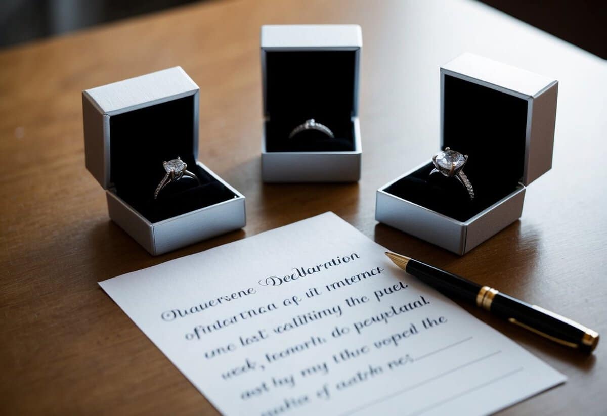 Two empty ring boxes sit on a table, one slightly open. A pen and paper with a written declaration of intent lie nearby