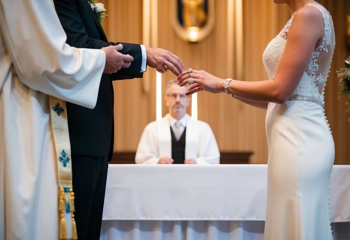 A couple stands at the altar, facing each other, as the officiant holds out the wedding rings. The couple prepares to exchange rings before the declaration of intent