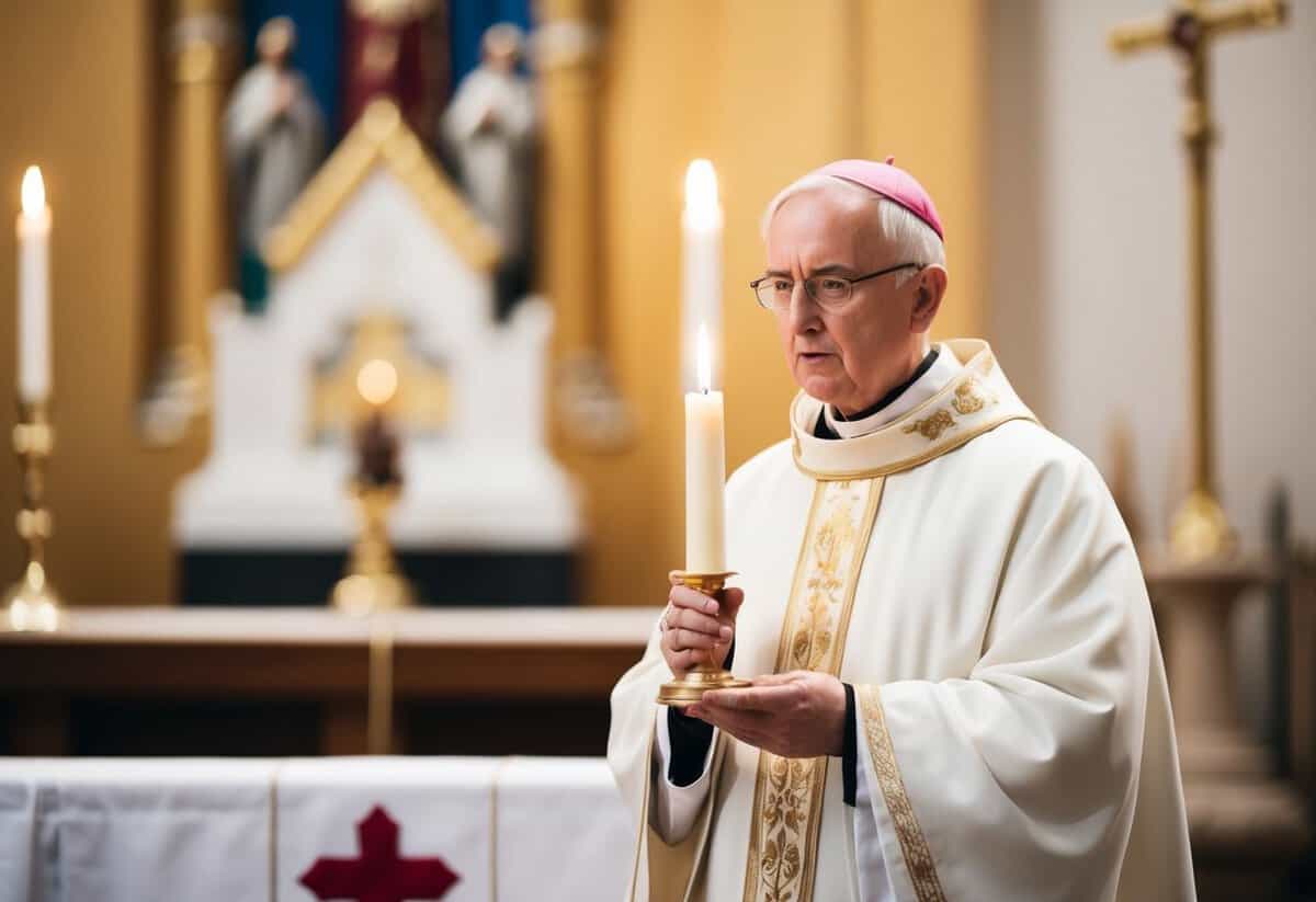 A religious figure standing before an altar, holding a candle, making three solemn vows