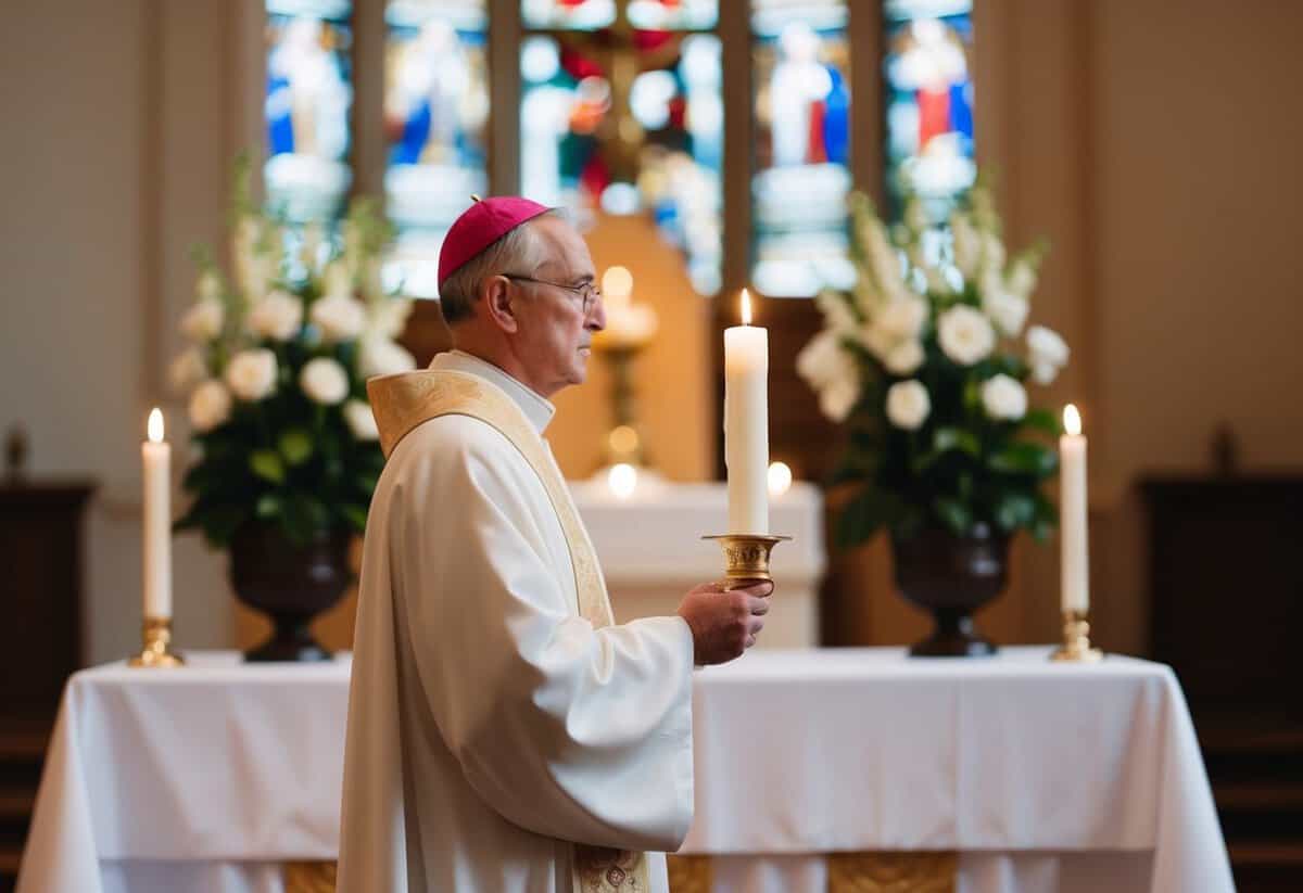 A religious figure standing in front of an altar, holding a candle, while making solemn and simple vows