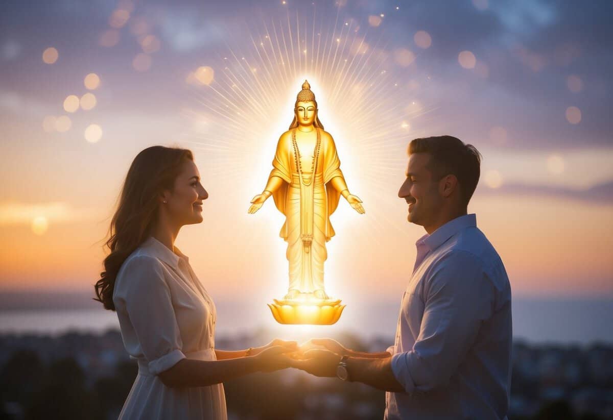 A couple standing facing each other, with a glowing figure of God in the center, radiating light and love towards them