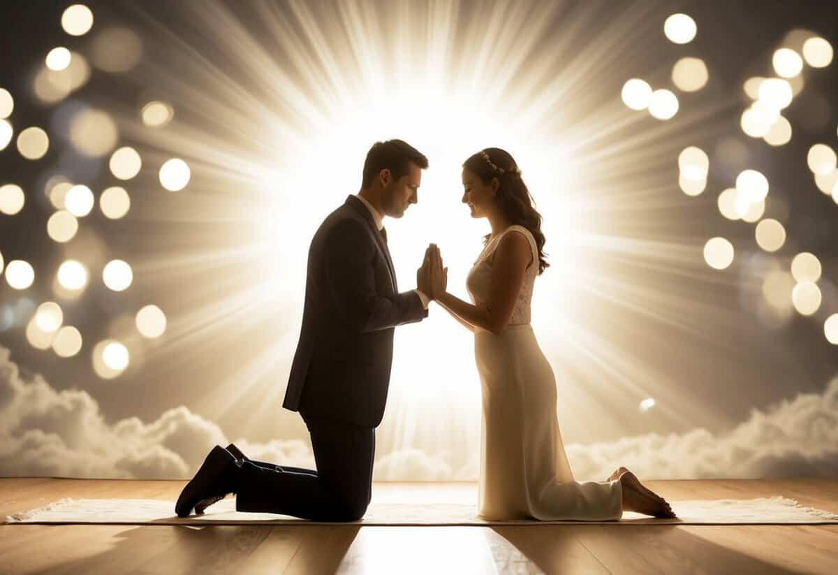 A couple kneeling in prayer with a radiant light shining down on them, symbolizing God at the center of their marriage