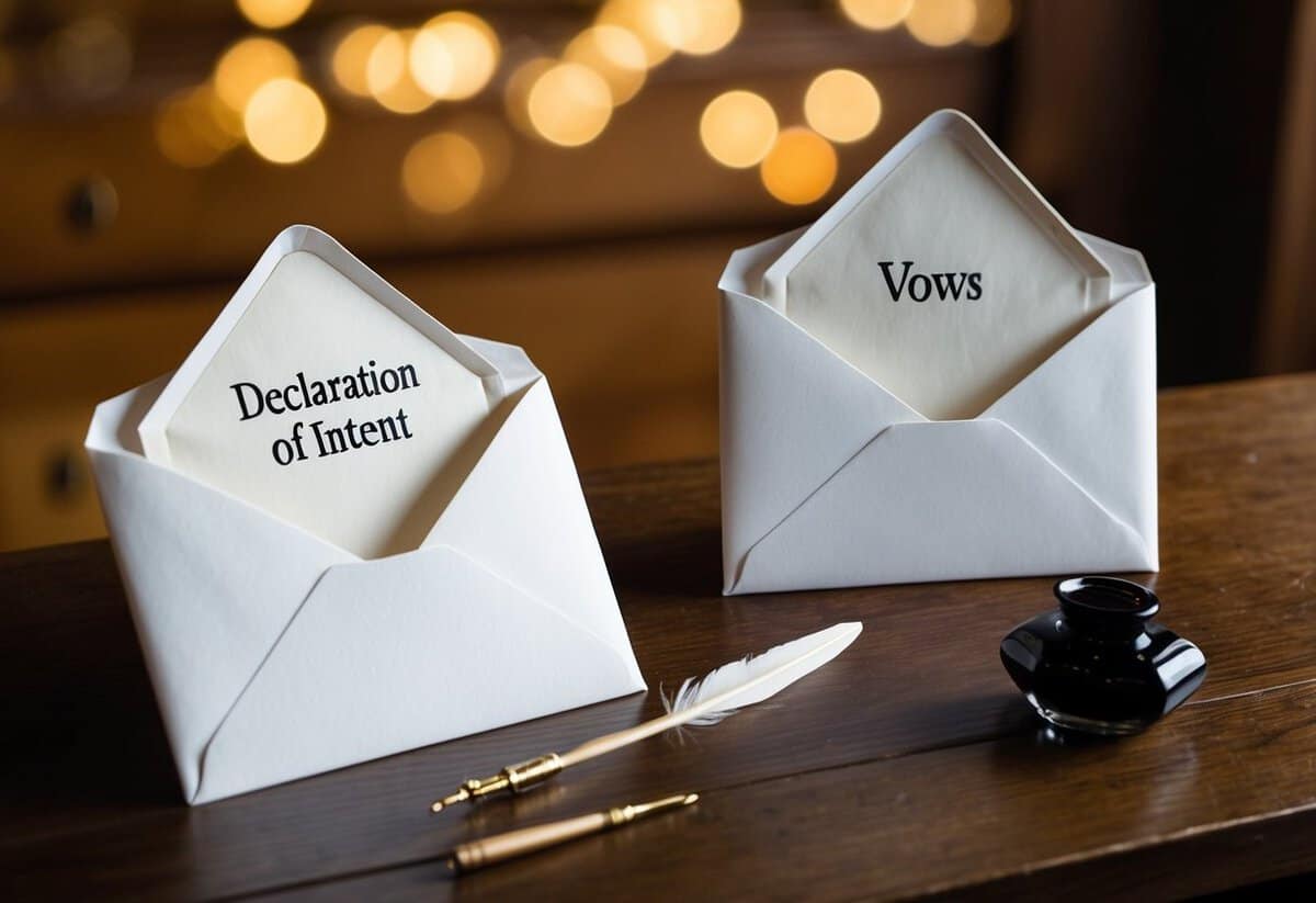 A pair of open envelopes, one marked "declaration of intent" and the other "vows," sit on a wooden table with a quill pen and inkwell nearby
