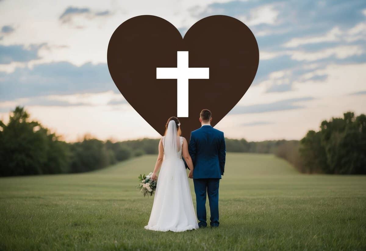 A couple standing side by side, facing a large heart with a cross in the center, symbolizing their commitment to putting God at the center of their marriage