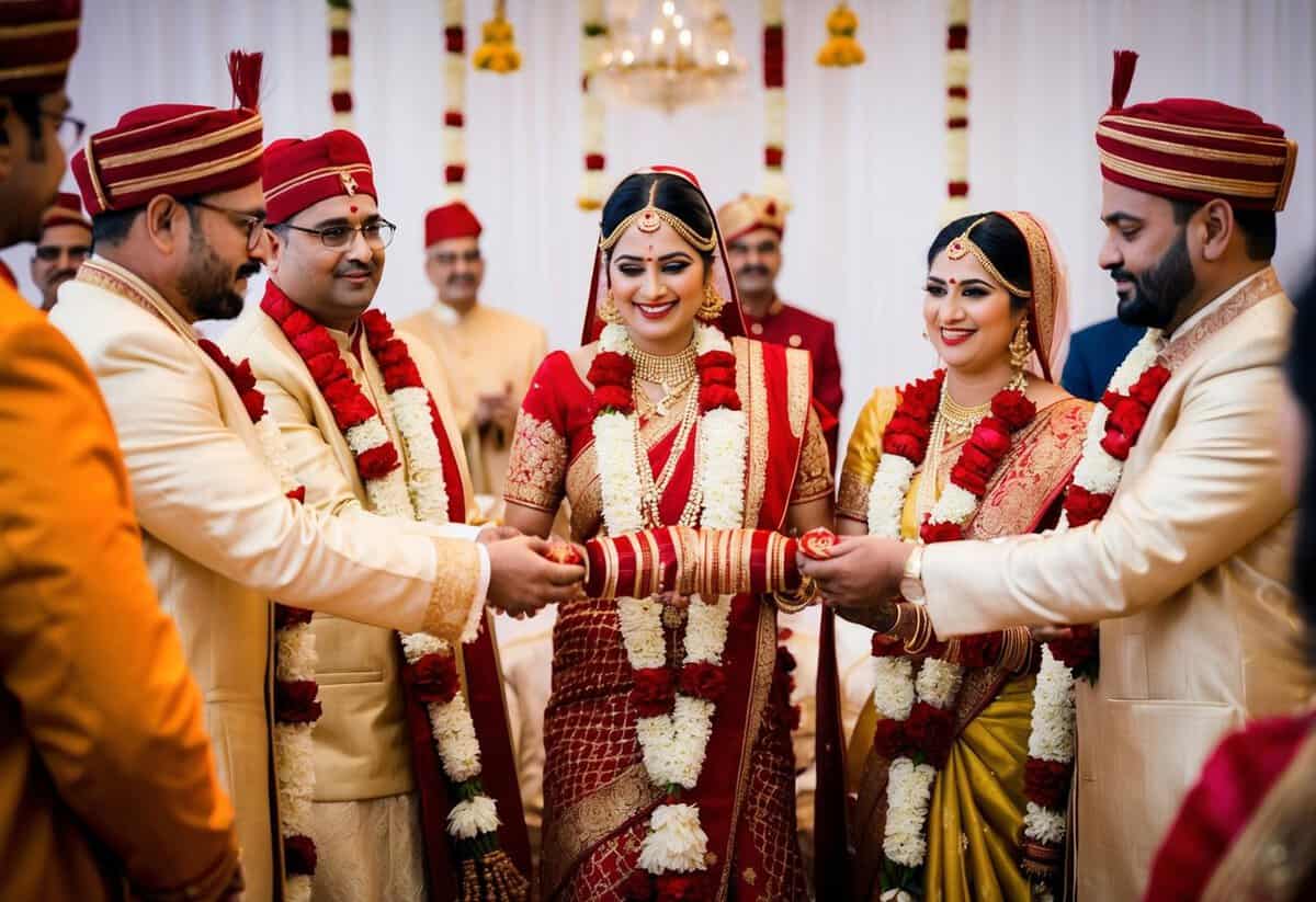 A traditional wedding ceremony with a bride's family performing the kanyadan ritual, symbolizing the giving away of their daughter to the groom's family