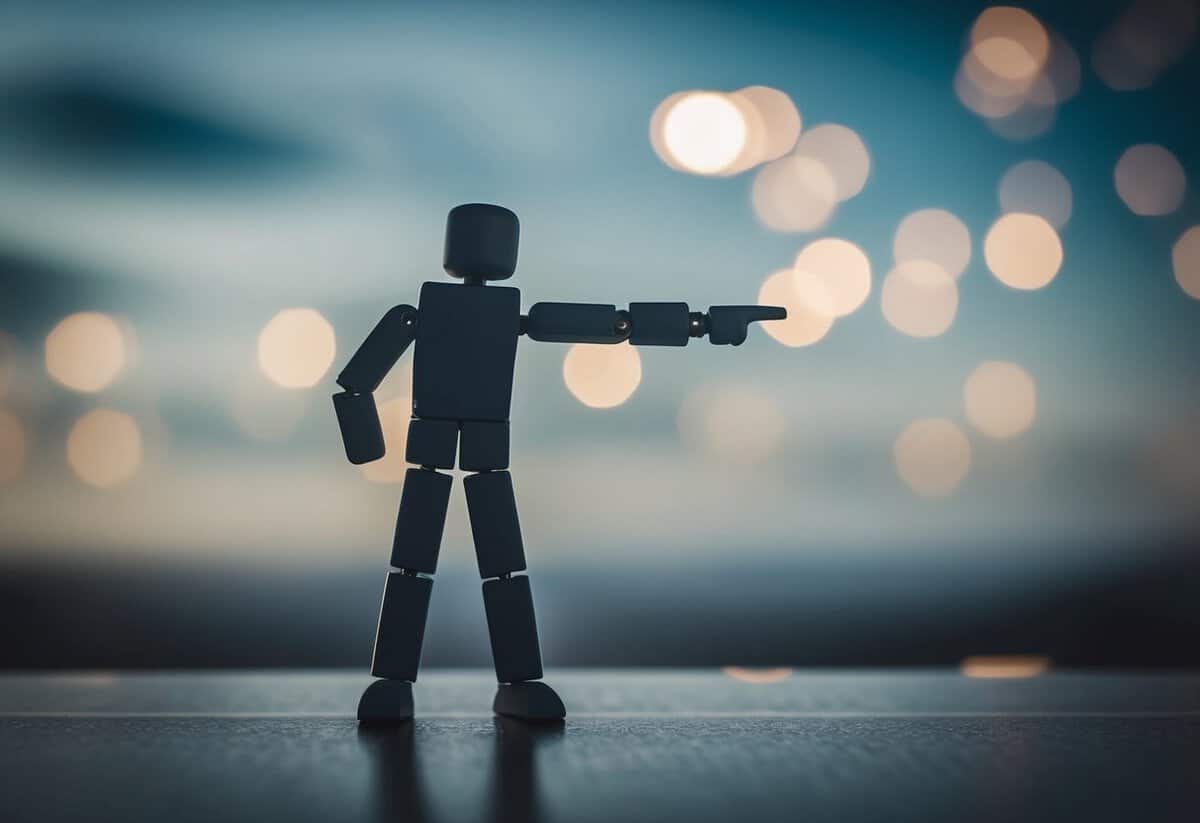 A figure pointing towards the horizon with determination