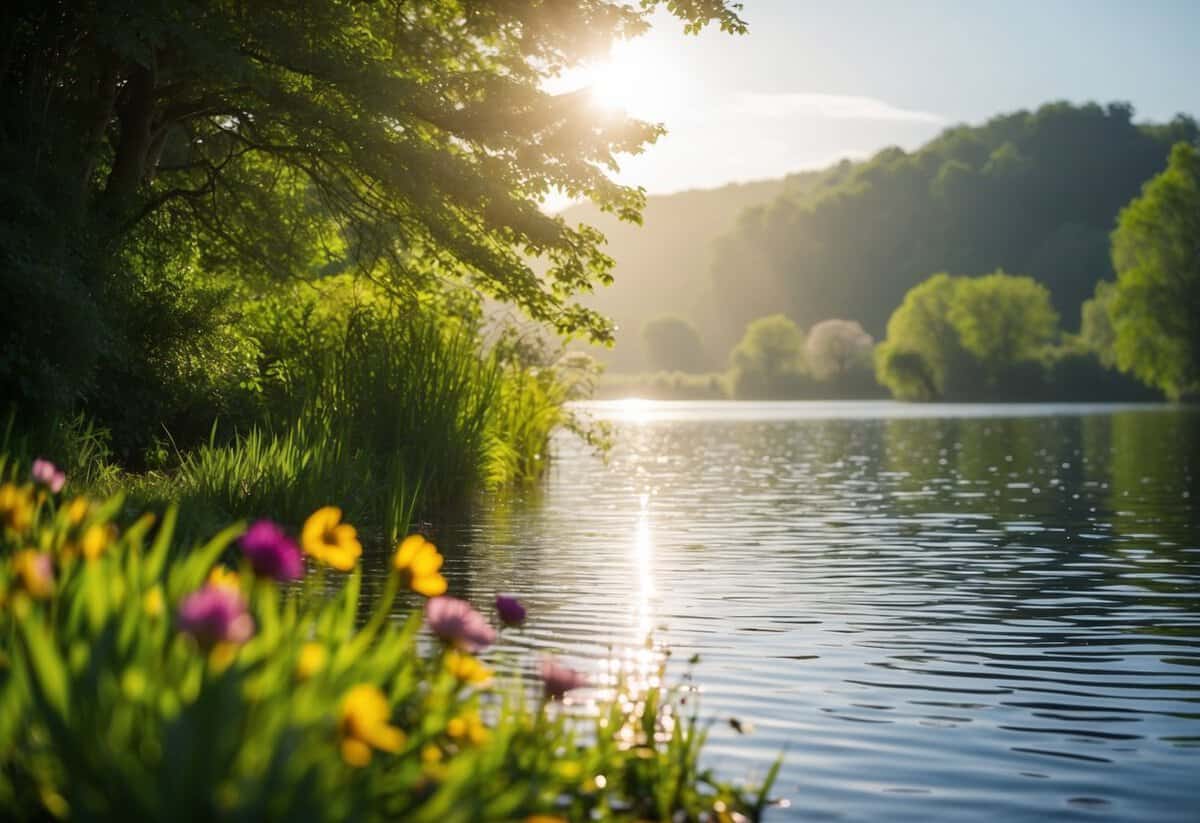 A serene, sunlit lake surrounded by lush greenery and colorful flowers, with a gentle breeze rippling the water's surface