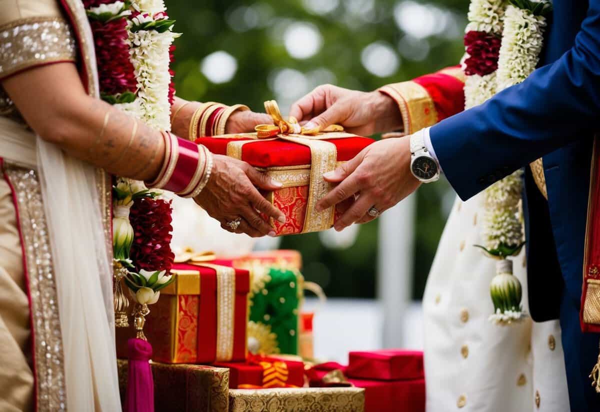 A bride's family offers symbolic gifts to the groom's family, symbolizing the transfer of responsibility for the bride