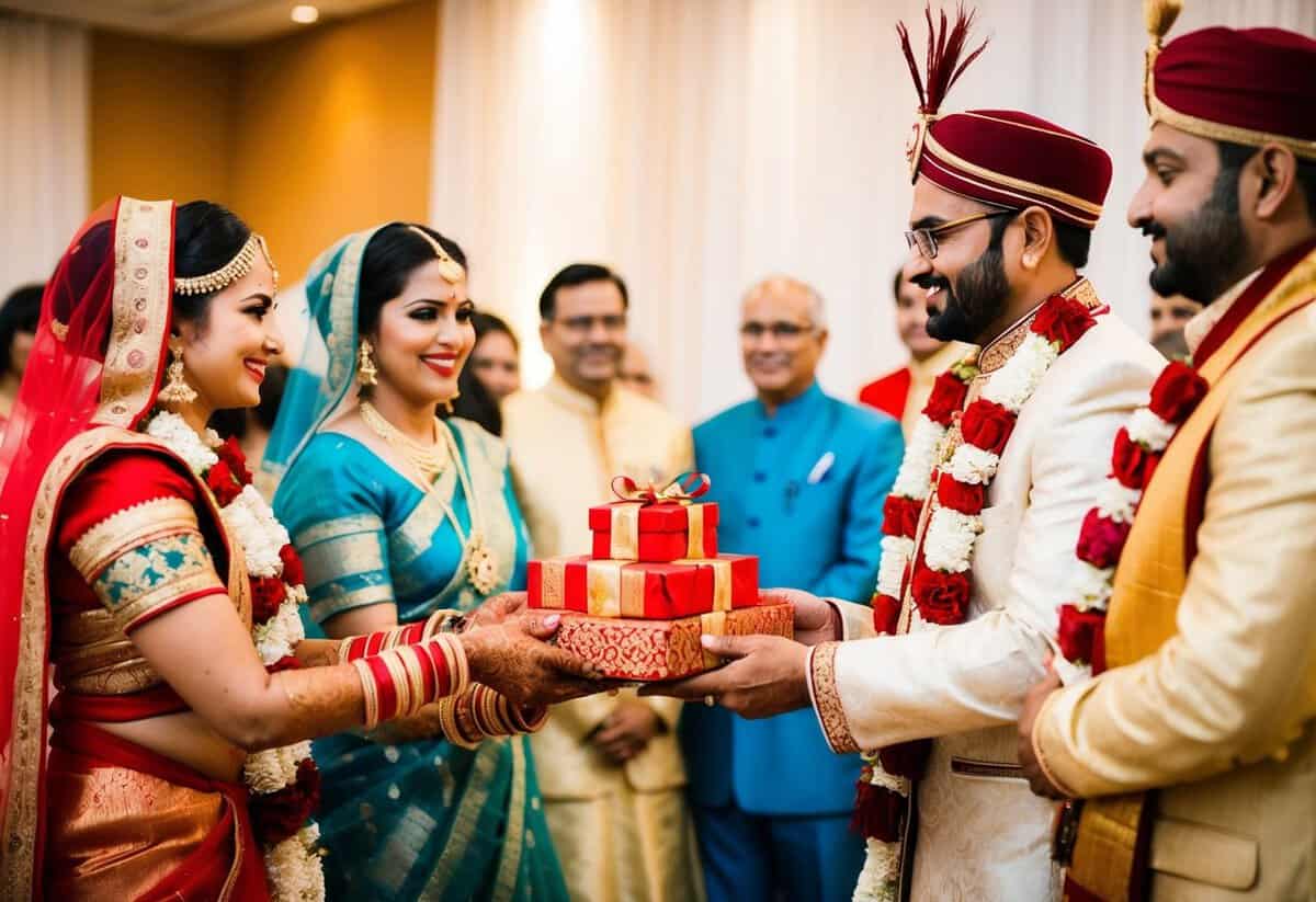 A bride's family offers symbolic gifts to the groom's family in a traditional Indian wedding ceremony