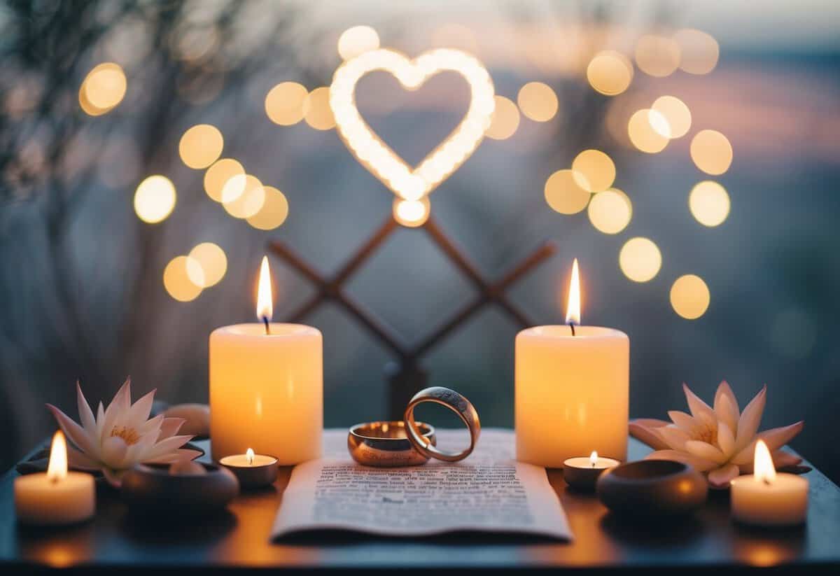 A serene, candlelit altar with two entwined rings and a sacred text, surrounded by ethereal symbols of love and unity