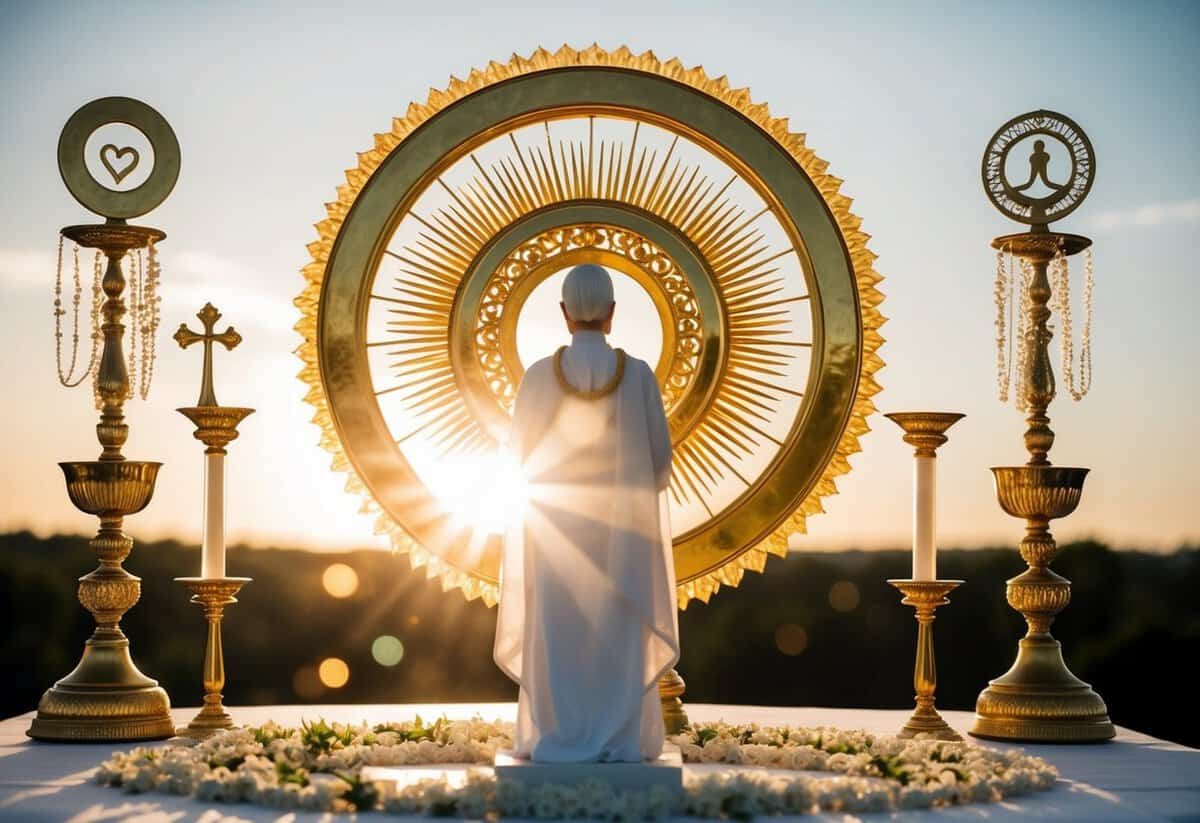 A serene figure stands before a radiant symbol of marriage, surrounded by symbols of love, unity, and devotion