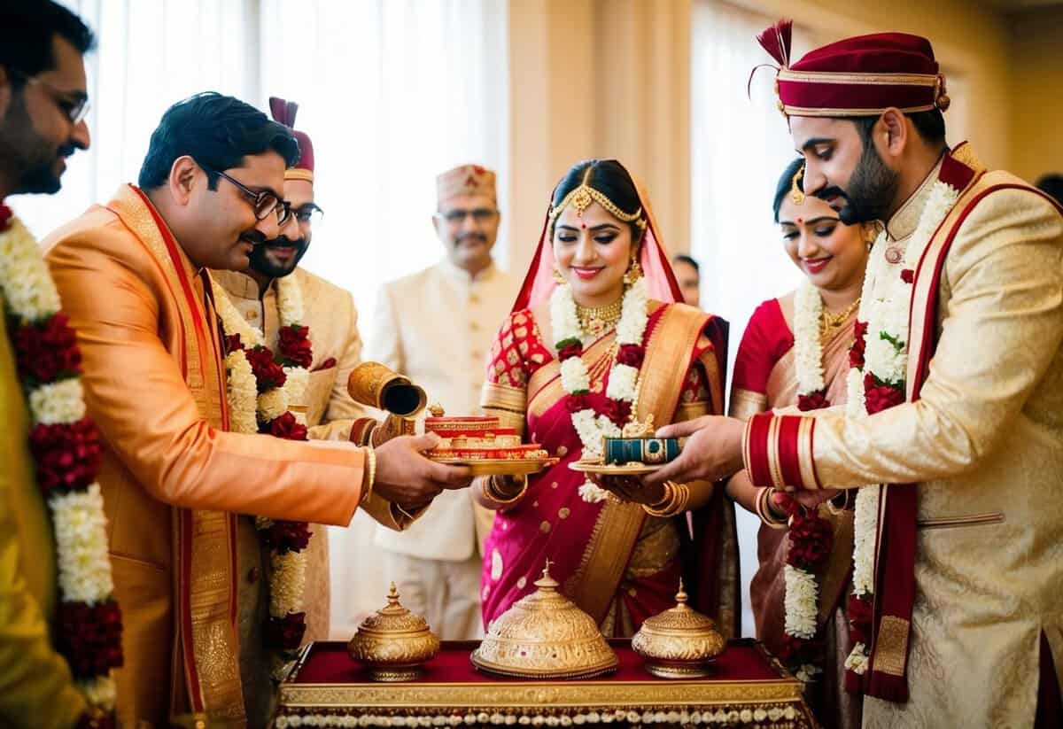 A groom's family offers symbolic items to the bride's family in a traditional Indian wedding ritual
