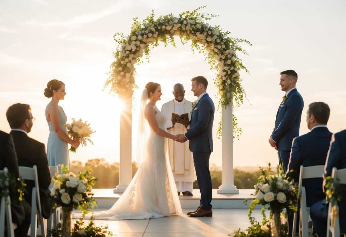 A couple standing before a serene, sunlit altar, exchanging vows with a spiritual aura surrounding them