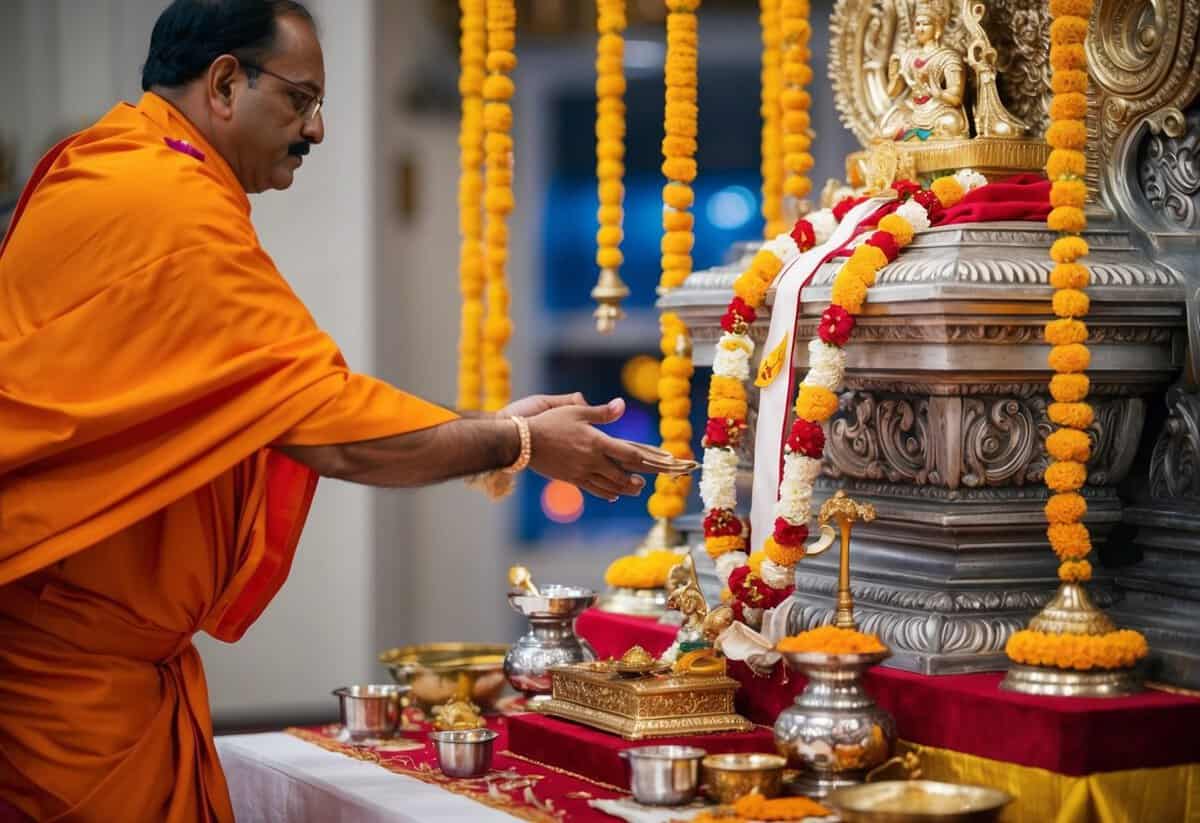 A priest performing Kanyadanam ritual with sacred items and offerings on an ornate altar