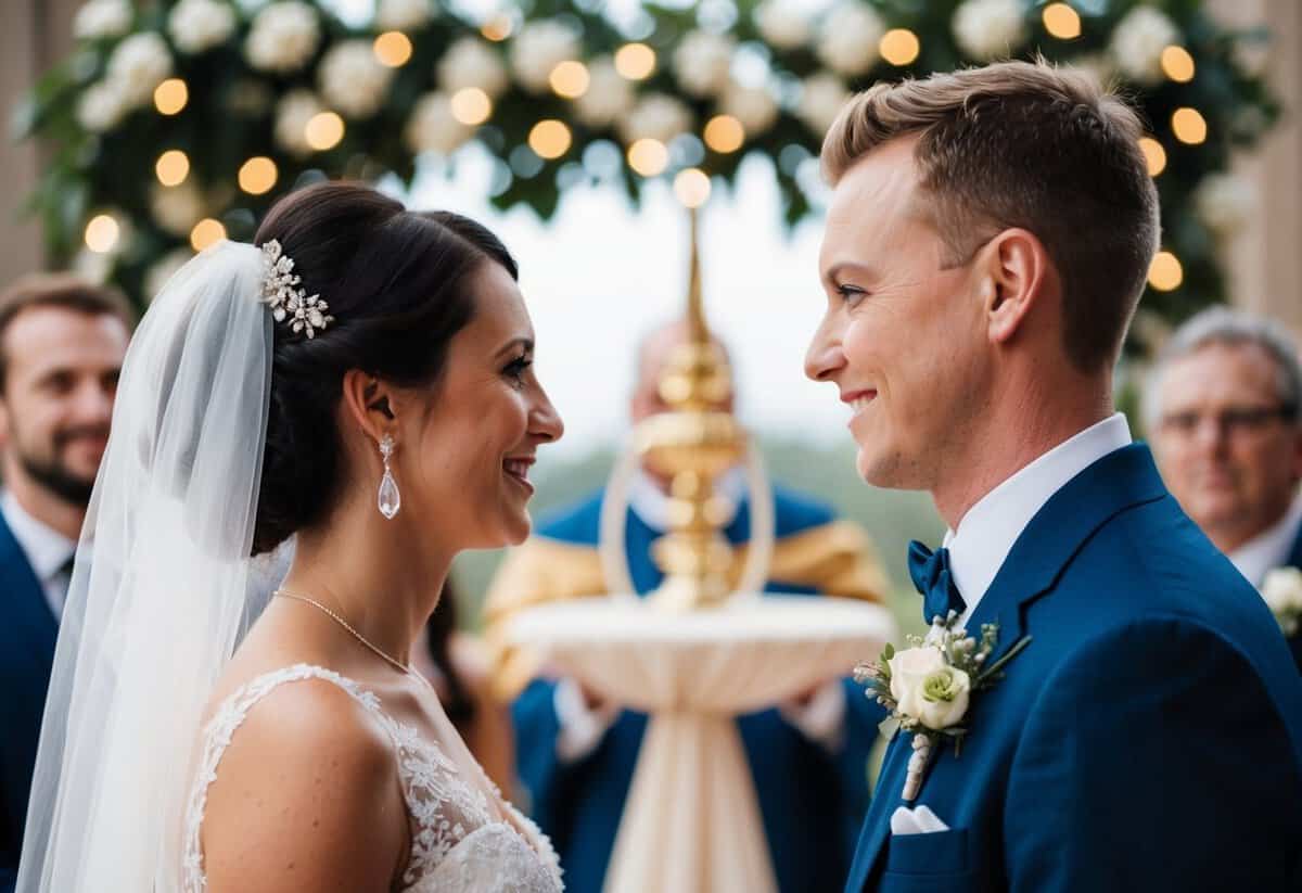 A wedding scene with two figures facing each other, one on the left and one on the right, with a ceremonial or decorative element between them
