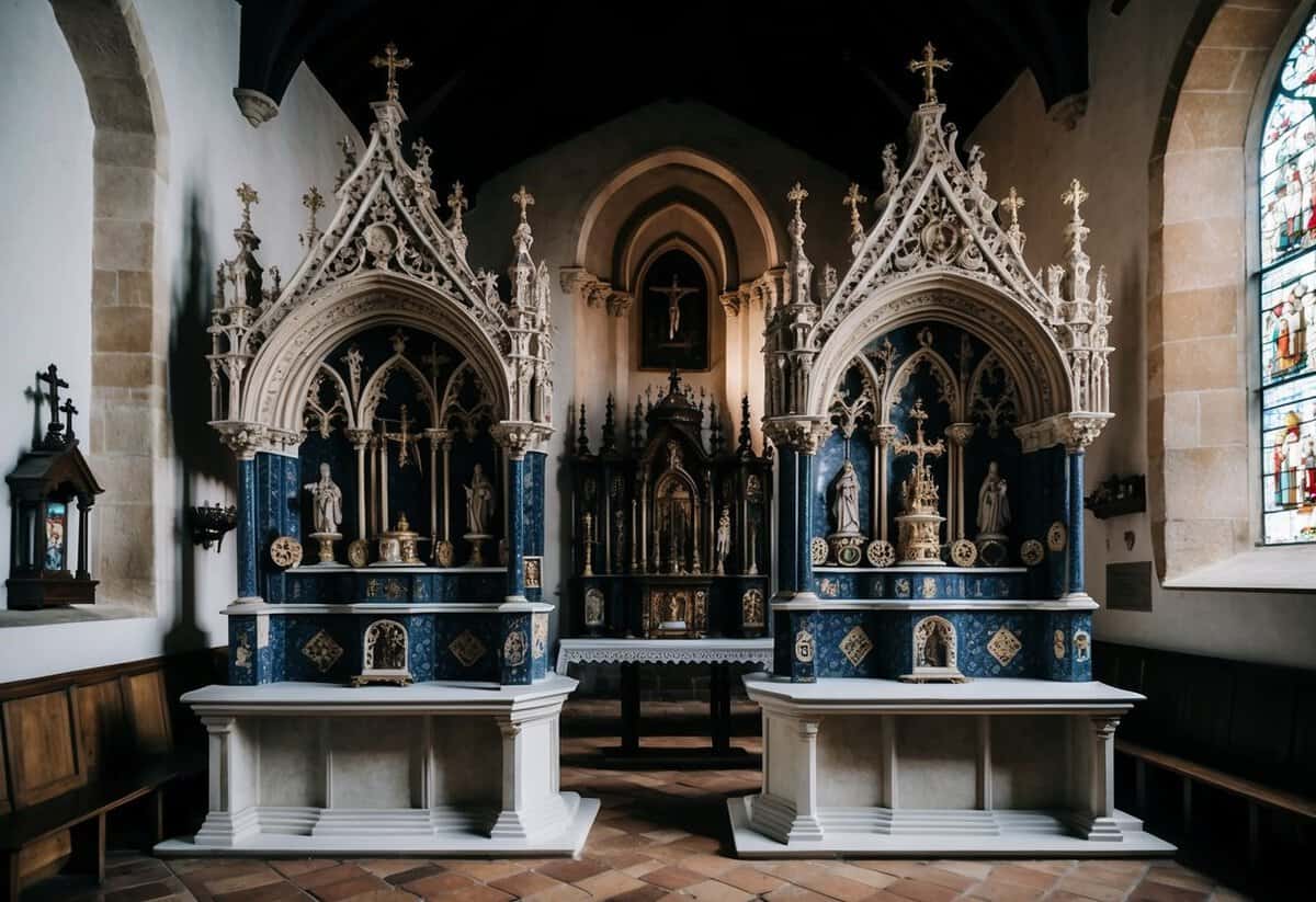 A medieval church with two ornate altars, one on the left and one on the right, adorned with intricate carvings and religious symbols