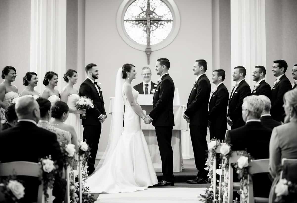 A bride and groom stand facing each other at the altar, surrounded by their wedding party. The bride is positioned on the left side of the groom