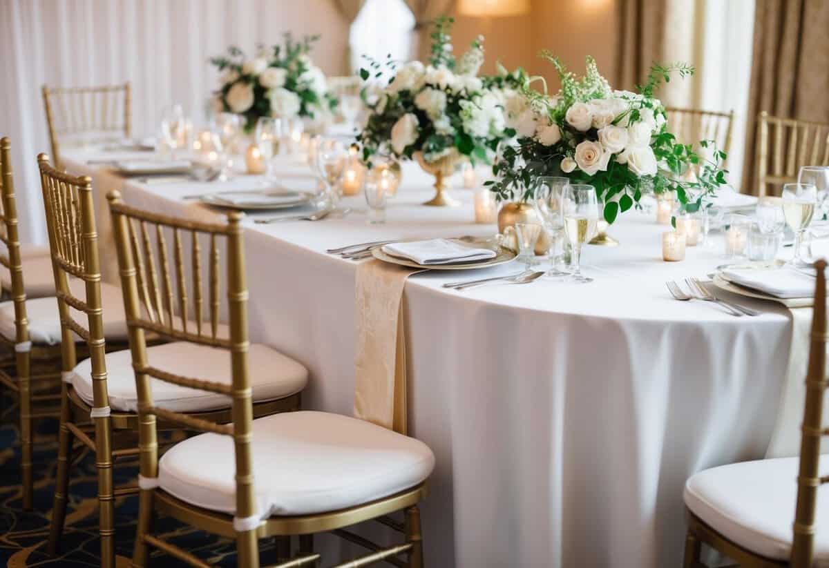 A wedding table setting with a bride's seat on either the left or right side, adorned with elegant decor and place settings