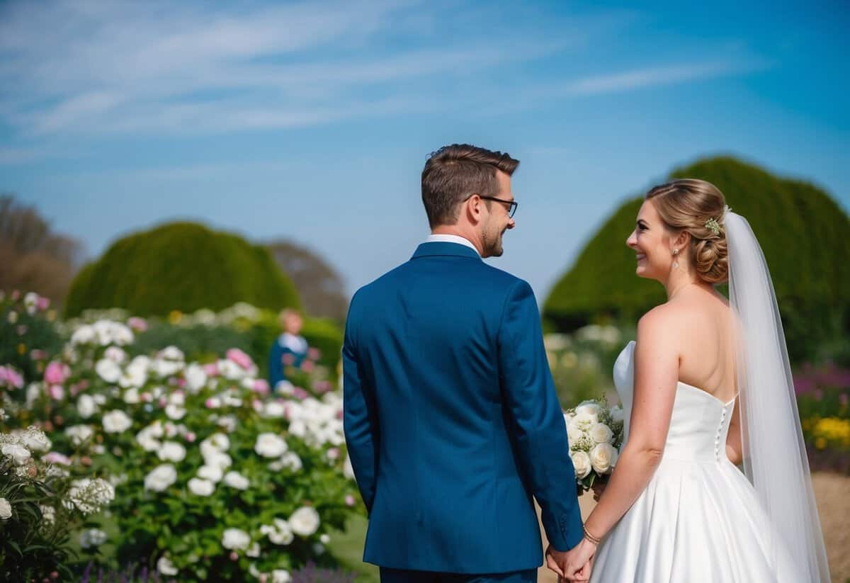 The bride stands on the right, facing the groom on the left. A blooming garden serves as the backdrop, with a clear blue sky above