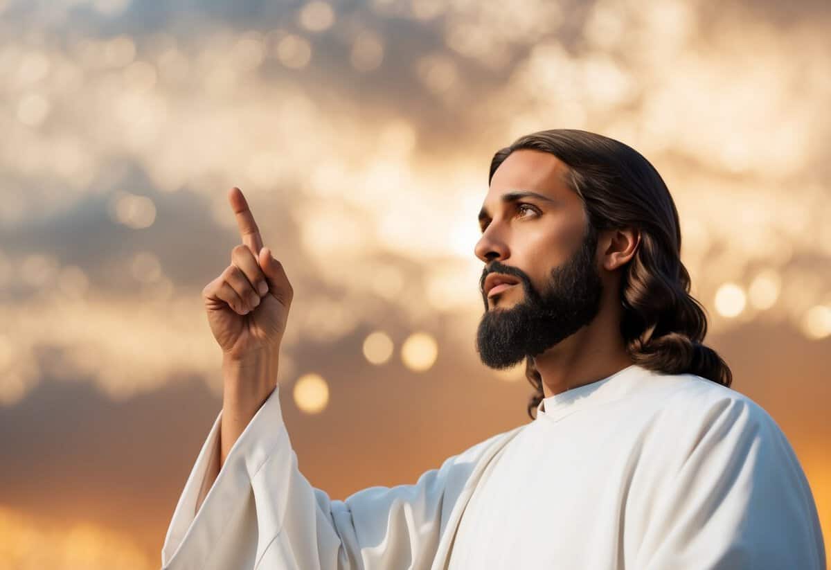 Jesus pointing upwards with a serious expression