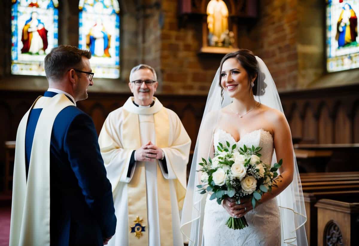 A bride stands on the right, holding a bouquet. A priest and groom stand to her left. A historical church and stained glass windows are in the background