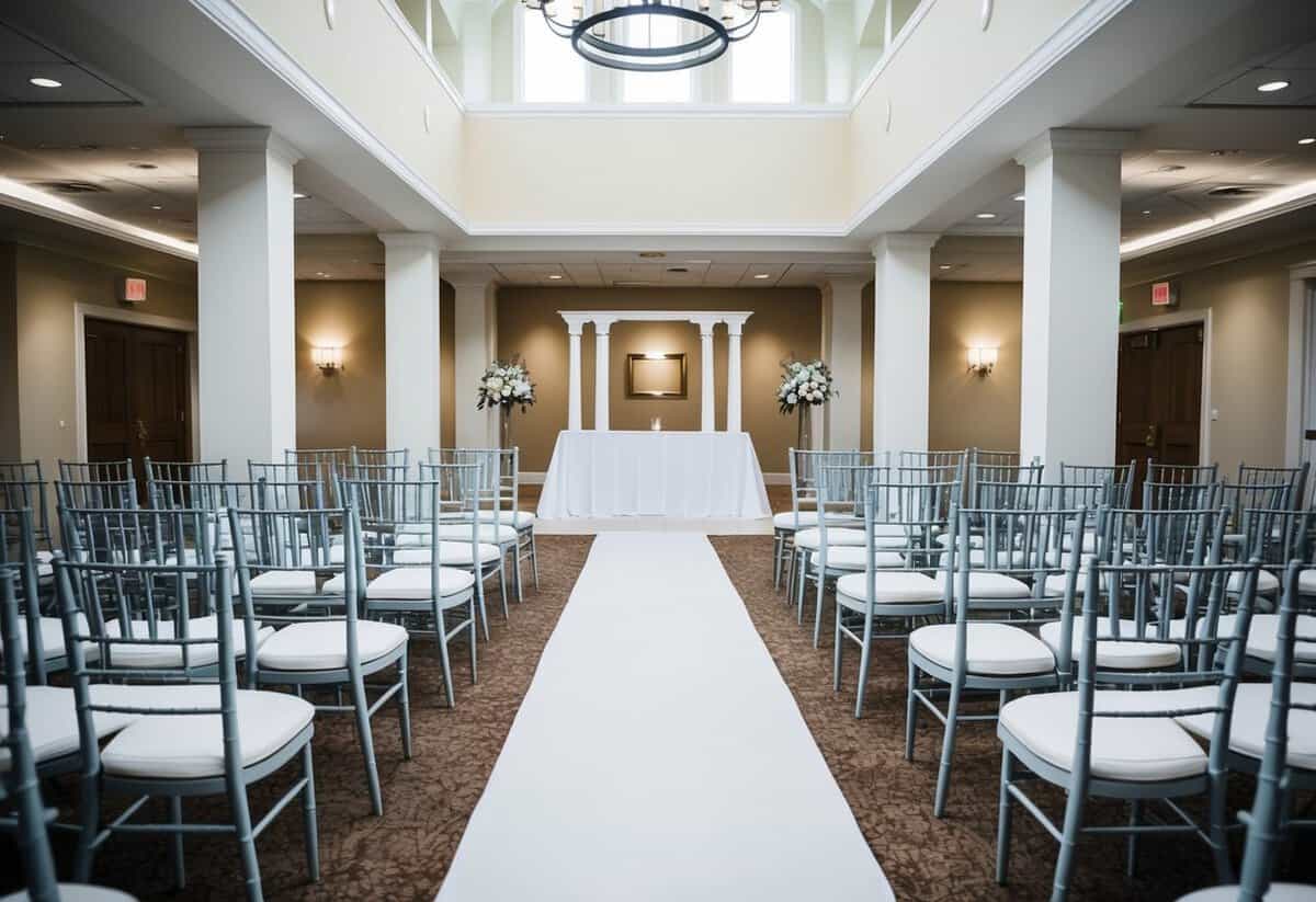 A wedding venue with a central aisle and seating on both sides. An arch or altar is positioned at the front, with space for the bride and groom to stand