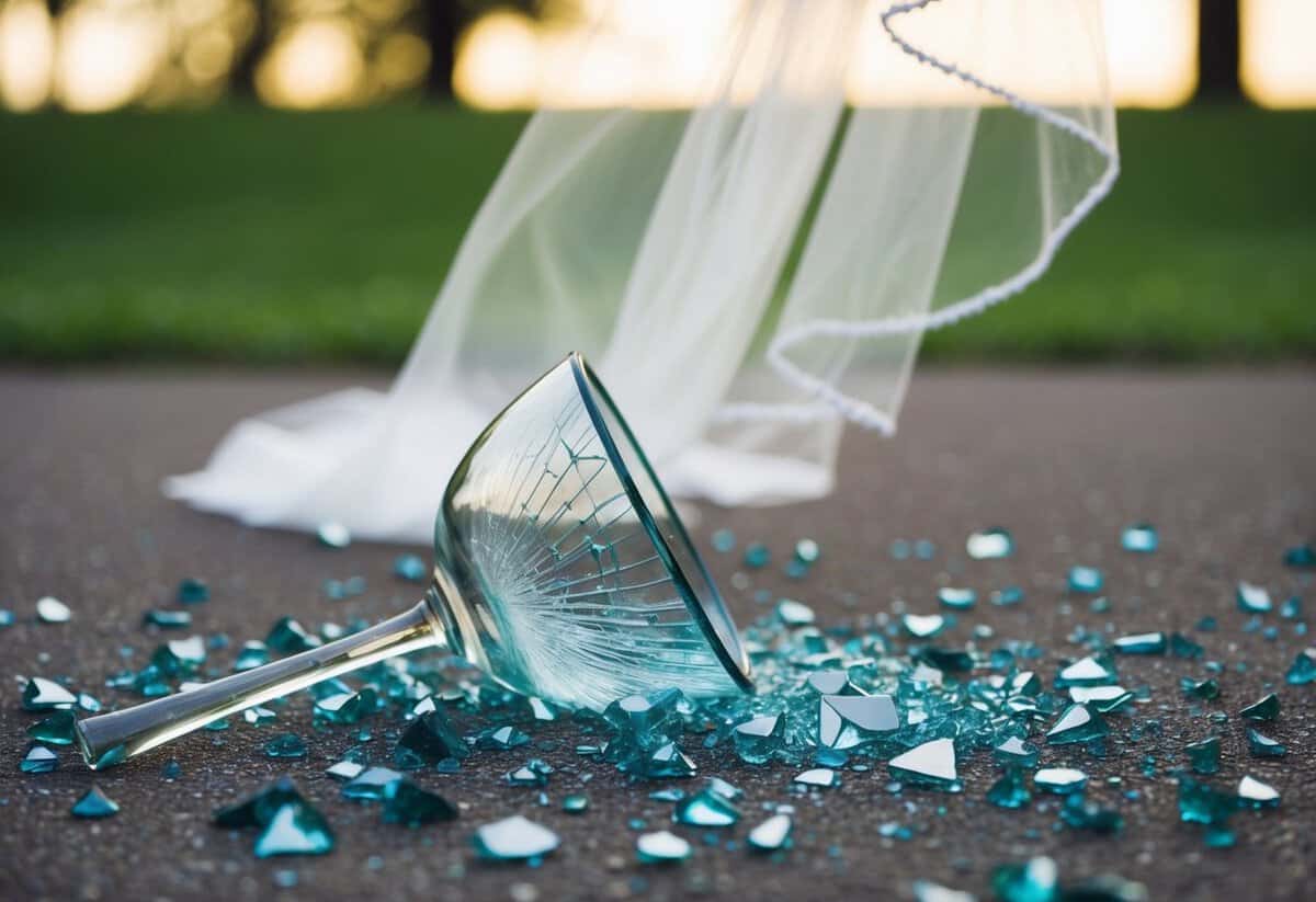 A shattered glass lies on the ground, surrounded by scattered shards. Nearby, a veil flutters in the breeze, hinting at a recent wedding ceremony