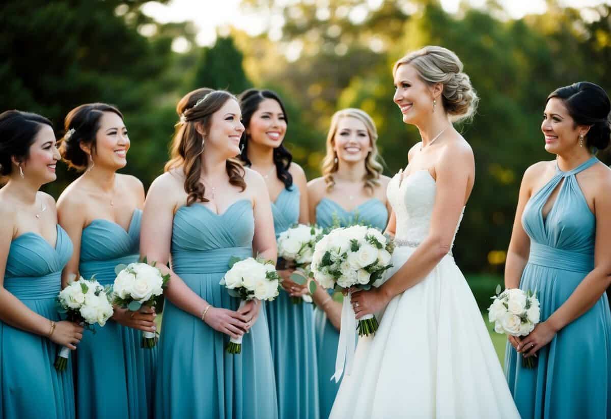 A bride stands on the right, surrounded by her bridesmaids, all smiling and looking towards her