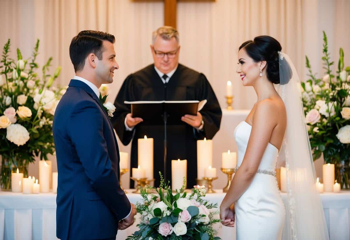 A bride and groom stand at the altar, surrounded by flowers and candles. The bride is positioned on the right side, facing the officiant