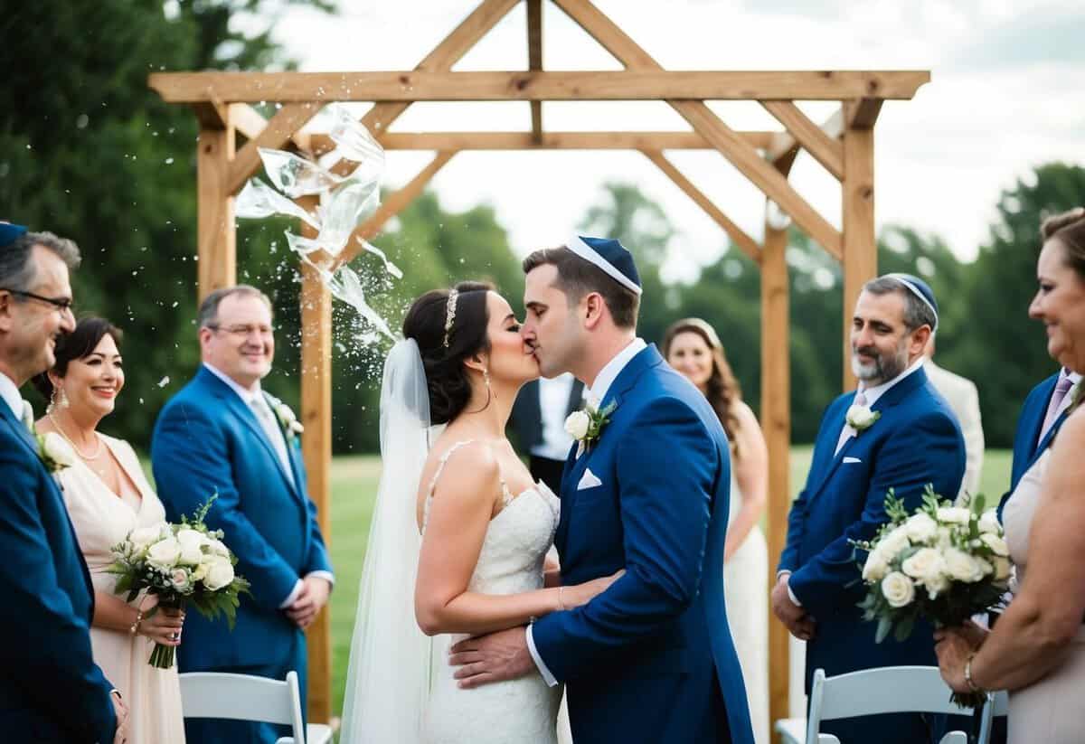 The bride and groom stand under a chuppah, surrounded by family and friends. As the glass shatters, they share a kiss before beginning the recessional