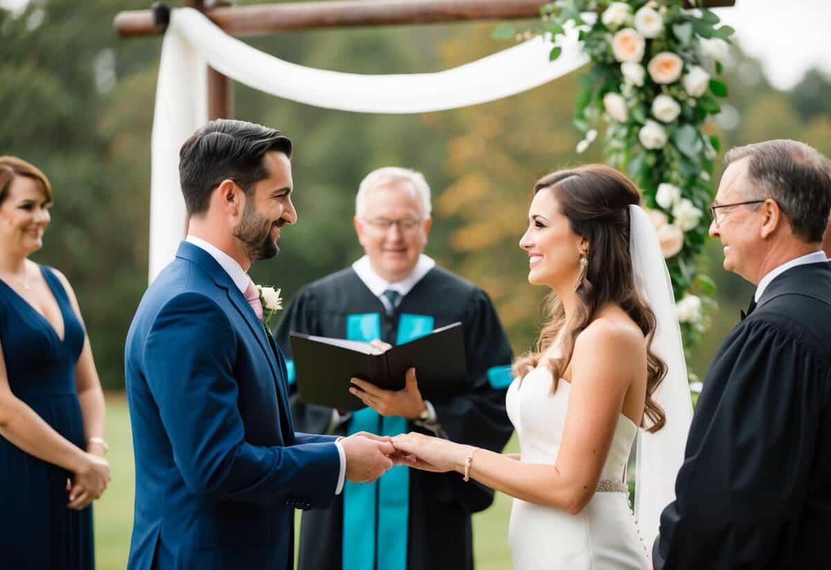 A couple standing before an officiant, exchanging vows