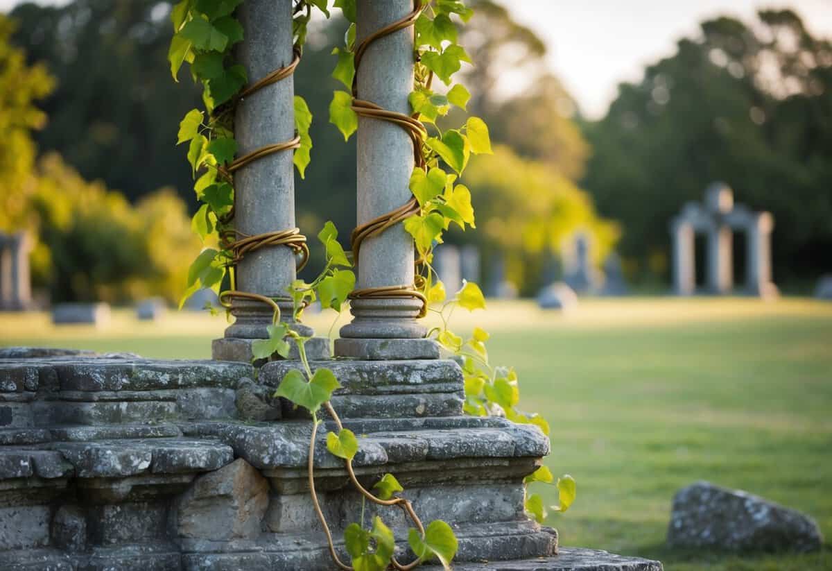 A pair of intertwined vines grows together at the base of an ancient stone altar