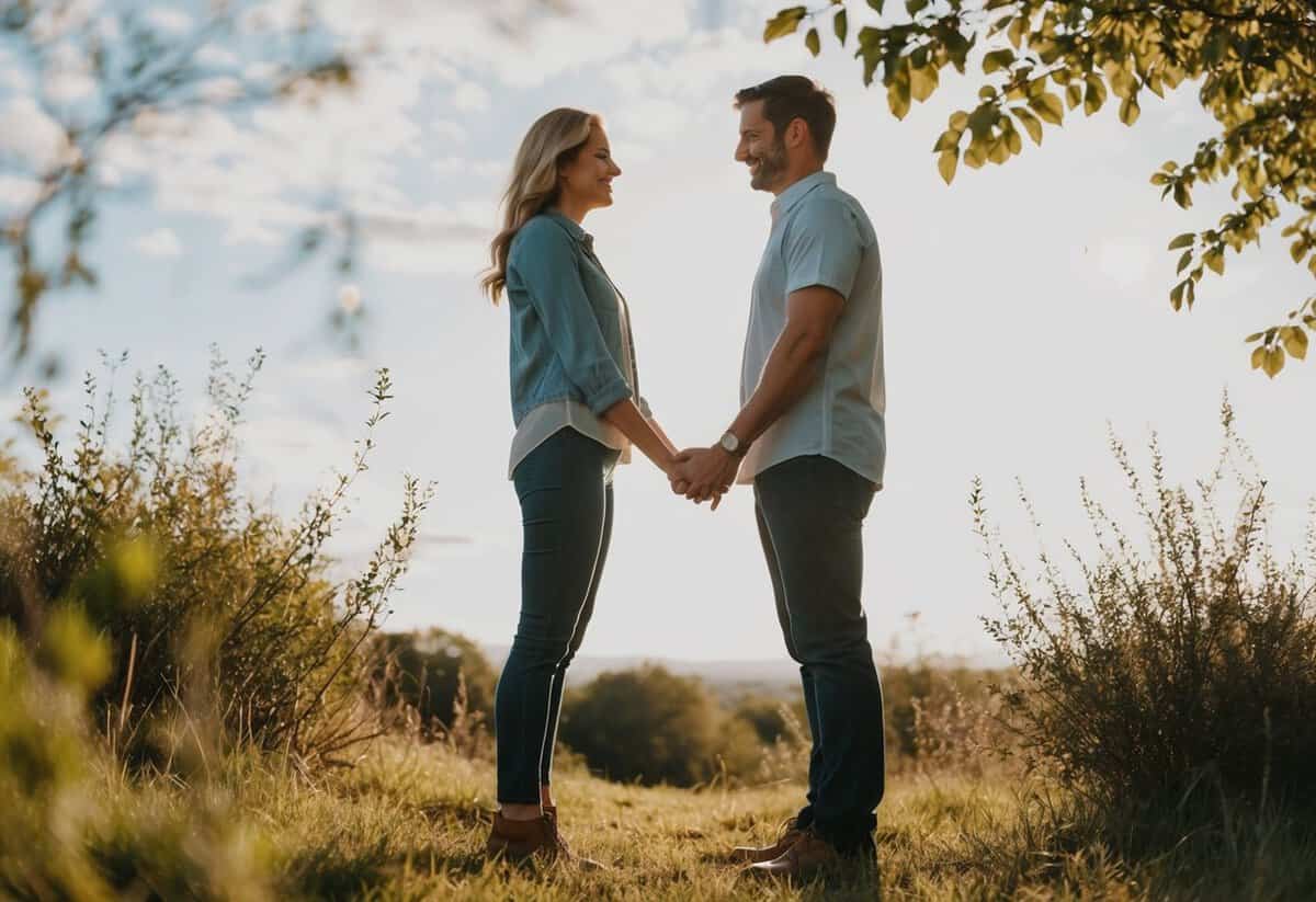 A couple stands facing each other, surrounded by nature, with a sense of love and commitment in the air